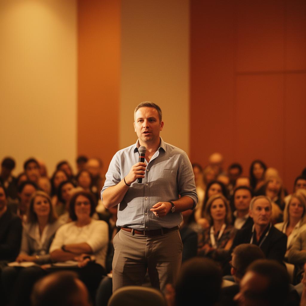 Jules speaking on stage to an engaged audience